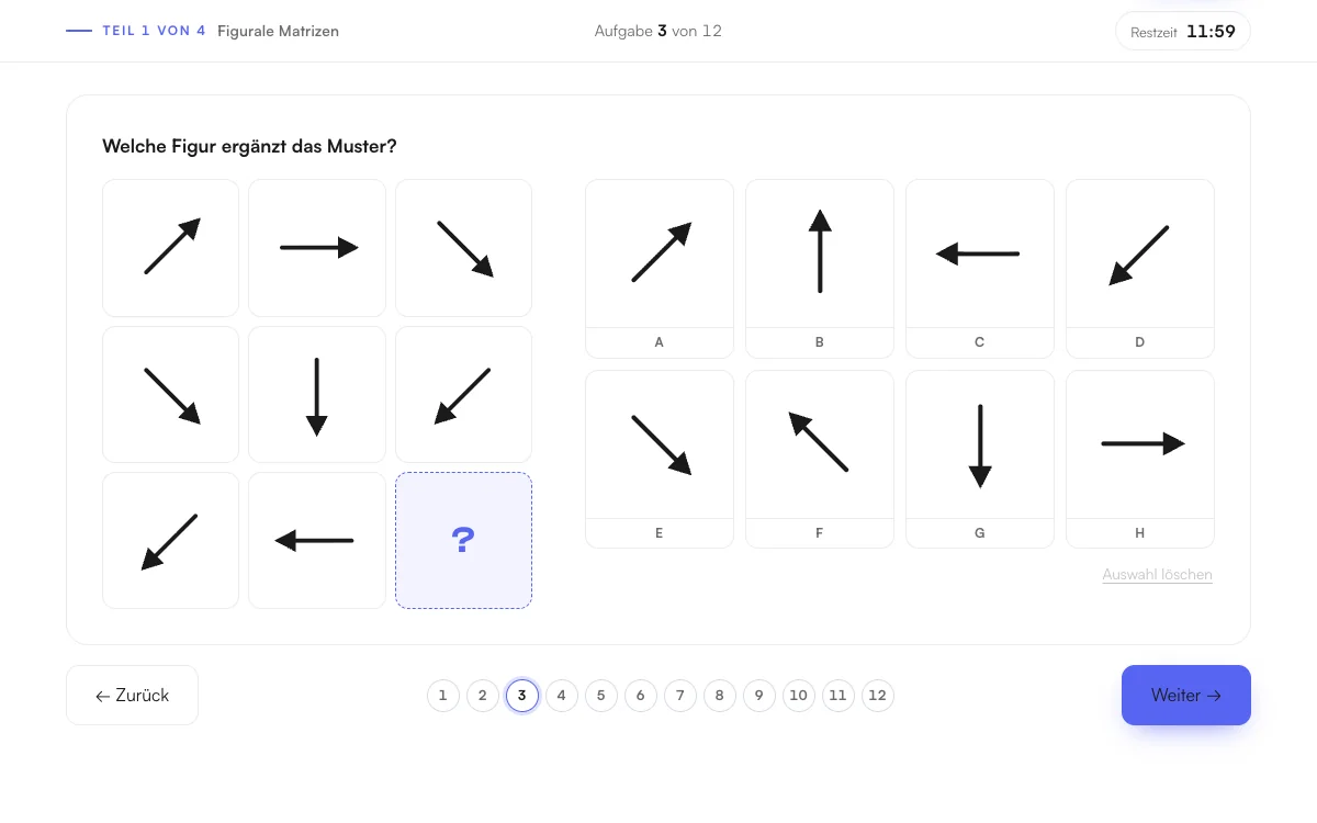 Eine Matrizen-Aufgabe aus dem IQ-Test: ein Raster aus 3 × 3 Feldern mit fehlendem Feld und acht Antworten